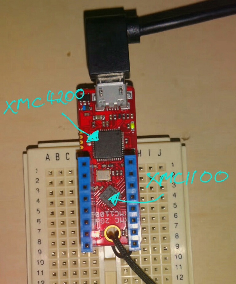 photo of XMC_2GO board on breadboard